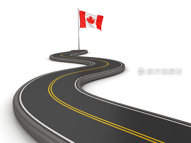 加拿大旗帜在蜿蜒的道路- 3D渲染
